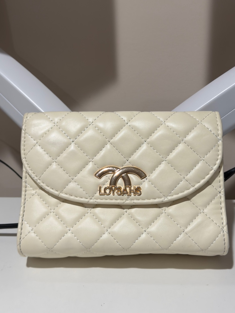 Cream Quilted Leather Wallet with Gold Logo